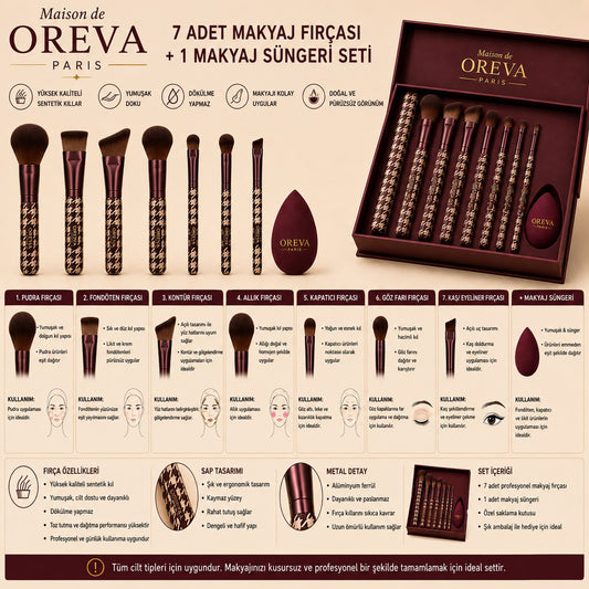 7’li Profesyonel Makyaj Fırça Seti + Makyaj Süngeri – Maison de OREVA Özel Tasarım Ahşap