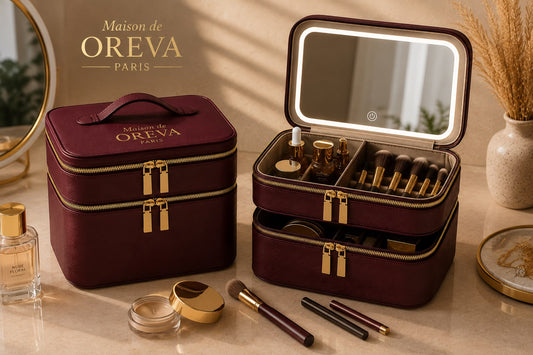 LED Aynalı Makyaj Çantası – Maison de OREVA Paris, Bordo Kozmetik Organizer 25 × 17 × 18 cm