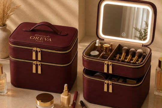 LED Aynalı Makyaj Çantası – Maison de OREVA Paris, Bordo Kozmetik Organizer 25 × 17 × 18 cm